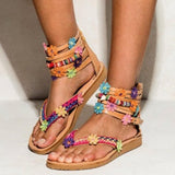 ETHNIC BOHEMIAN AFRICAN FLOWER DESIGN FLAT SOLE SANDALS IN BROWN - boopdo