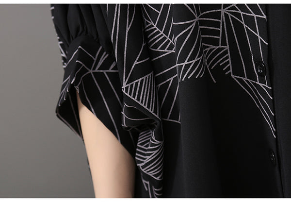 STELLA MARINA COLLEZIONE GEOMETRIC DESIGN MID LENGTH SHIRT DRESS IN BLACK - boopdo