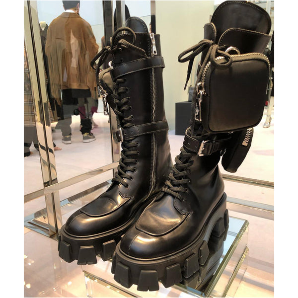 JESSY MARIA BRITISH STYLE CHUNKY PLATFORM LEATHER BOOTS WITH STRAP POCKET IN BLACK - boopdo