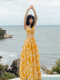 SINCE THEN TIE FRONT CROP TOP AND MATCHING MAXI BEACH SKIRT IN YELLOW FLORAL - boopdo