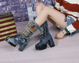 BOOPDO ARTISTIC DESIGN LUXILO WASHED DENIM JEAN HIGH HEEL BOOTS IN NAVY - boopdo