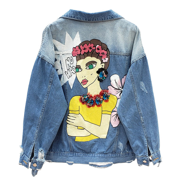 JOYA PALF HANDMADE HAWAII GIRL RIPPED DENIM JEAN COAT WITH RHINESTONE - boopdo