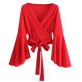 BOOPDO FRENCH DESIGN CROPPED BLOUSE WITH FLUTTER SLEEVE IN RED - boopdo
