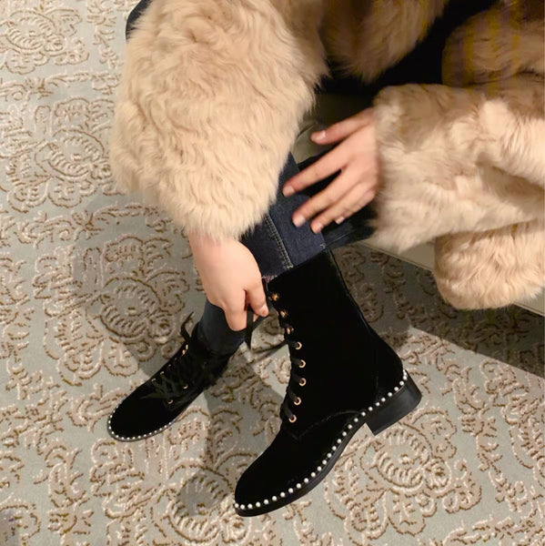 DONNA FARZA CONCEPT BRITISH STYLE WOMENS BOOTIES IN BLACK WITH PEARL - boopdo