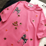 BOOPDO DESIGN SEQUIN STAR AND HORSE EMBROIDERY LONGLINE T SHIRT - boopdo