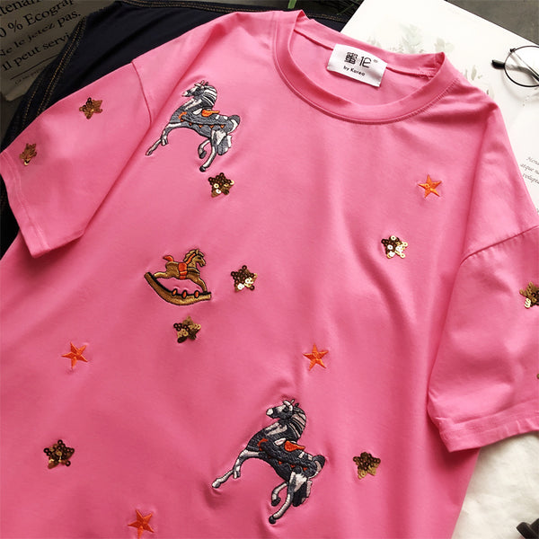 BOOPDO DESIGN SEQUIN STAR AND HORSE EMBROIDERY LONGLINE T SHIRT - boopdo