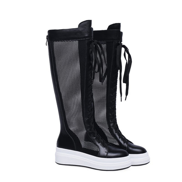 JACKZIE JAZZS ROME HIGH TUBE PLATFORM LEATHER MESH BOOTS - boopdo
