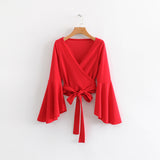 BOOPDO FRENCH DESIGN CROPPED BLOUSE WITH FLUTTER SLEEVE IN RED - boopdo