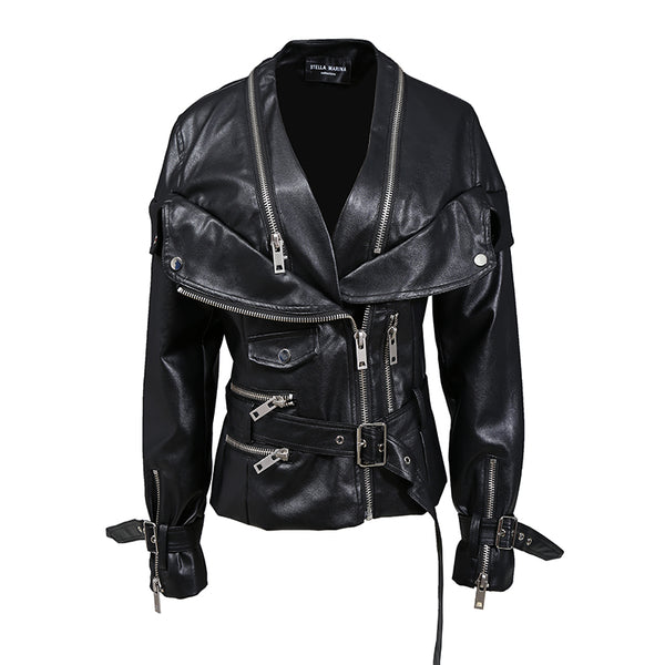 STELLA MARINA COLLEZIONE MOTORCYCLE LEATHER SHORT JACKET IN BLACK - boopdo