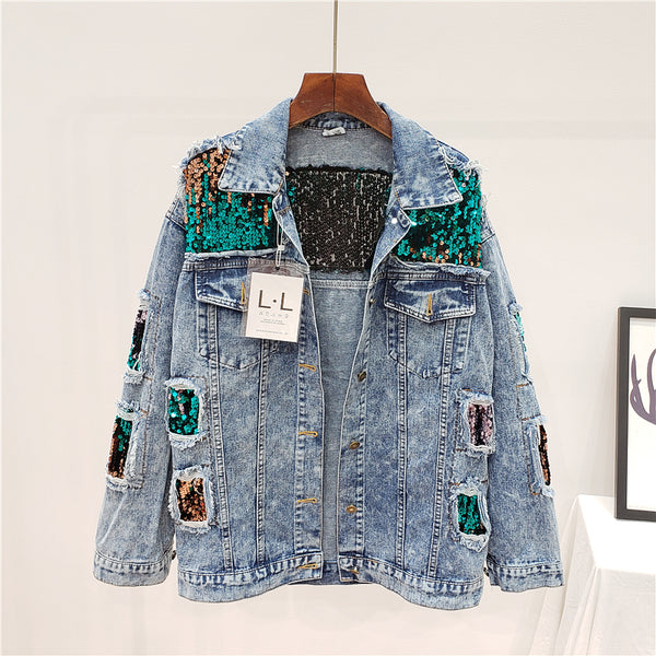 MONICA DIZO HANDMADE RIPPED DENIM JEAN WOMEN JACKET WITH SEQUINS - boopdo