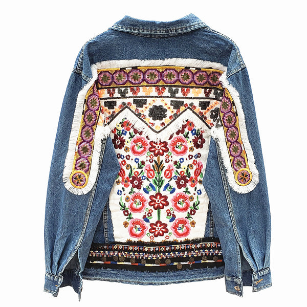 JEYYO CATHRO RETRO ETHNIC FLOWER EMBROIDERED BEADED SEQUIN DENIM JEAN JACKET - boopdo