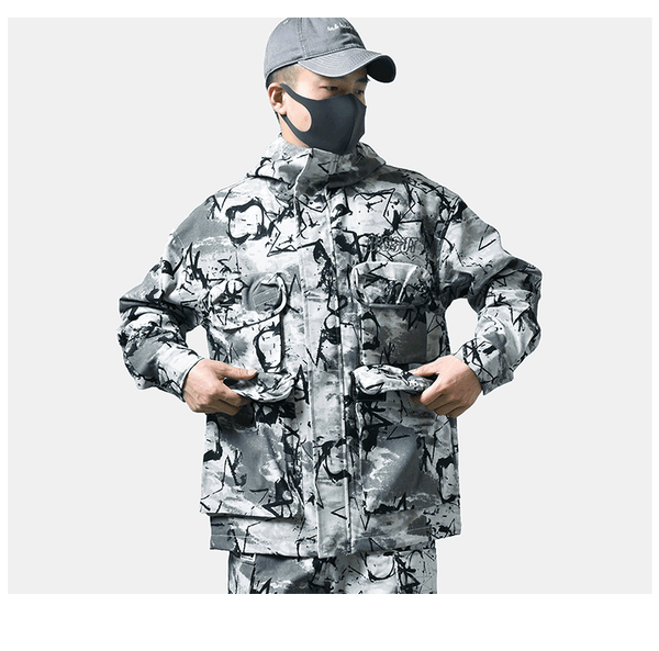 ADAM FREAK VELCRO GRAFFITI DESIGN MULTI POCKET CAMO PRINT HOODED JACKET - boopdo