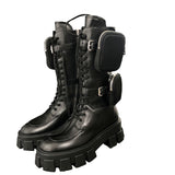 JESSY MARIA BRITISH STYLE CHUNKY PLATFORM LEATHER BOOTS WITH STRAP POCKET IN BLACK - boopdo