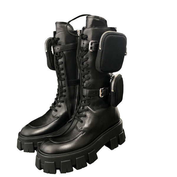 JESSY MARIA BRITISH STYLE CHUNKY PLATFORM LEATHER BOOTS WITH STRAP POCKET IN BLACK - boopdo