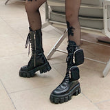 JESSY MARIA BRITISH STYLE CHUNKY PLATFORM LEATHER BOOTS WITH STRAP POCKET IN BLACK - boopdo