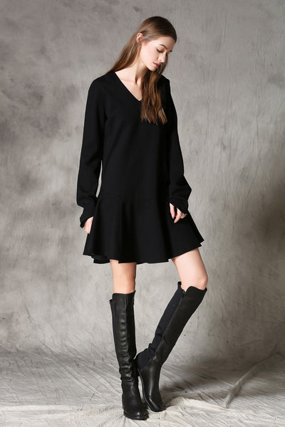 C4MORE HIPSTER MASTER YODA RETRO STYLE V NECK LONG SLEEVE BLACK DRESS - boopdo