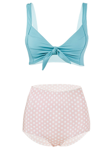 SINCE THEN TIE FRONT HIGH WAIST BIKINI SET IN BLUE AND POLKA DOT - boopdo