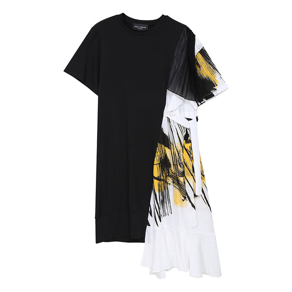 STELLA MARINA COLLEZIONE GEOMETRIC DESIGN RUFFLED T SHIRT DRESS - boopdo