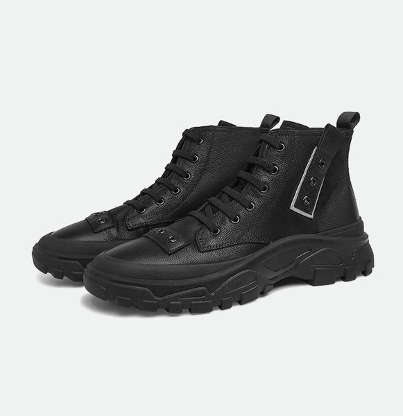FAMAN HIGH TOP LEATHER CHUNKY TRAINERS IN BLACK - boopdo
