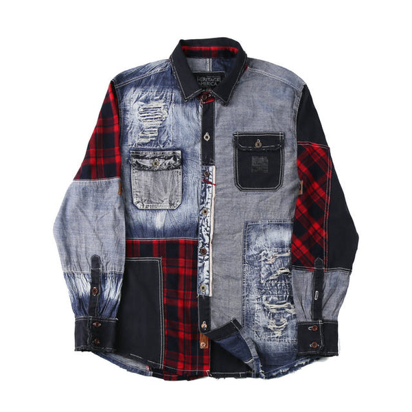 DENIM HEAD RED GRID RETRO LONG SLEEVE SHIRT IN BLUE - boopdo