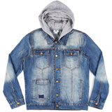 FRENCH TERRY LRG DESTROYED CLASSIC DENIM JACKET WITH HOODIE IN NAVY - boopdo