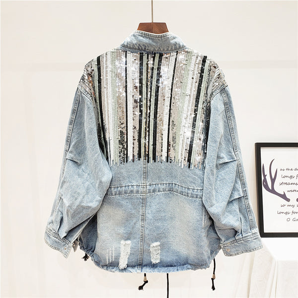 GIANA TRUANCY OLD STYLE DENIM JEAN WOMEN JACKET WITH BEADED SEQUINS - boopdo