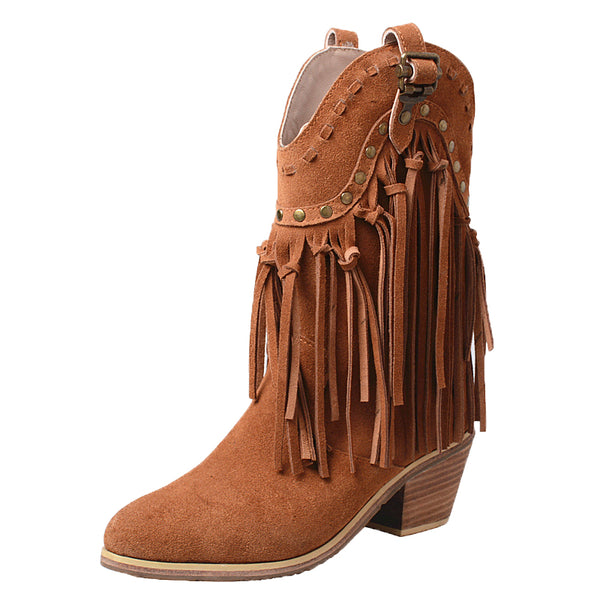 PROVA PERFETTO ELLISA STYLE HANDMADE MID HEELED COWGIRL ANKLE BOOTS WITH TASSEL - boopdo
