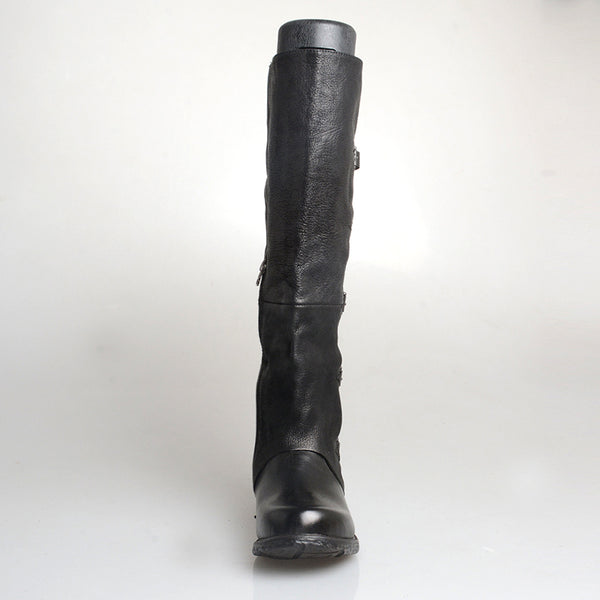 PROVA PERFETTO ROMAN SQUARE TOE KNEE HIGH LEATHER BOOTS IN BLACK - boopdo