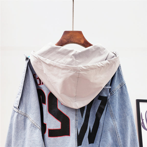 LINSA EKO PATCHWORK RIPPED DENIM JEAN HOODED JACKET IN CONTRAST COLOR - boopdo