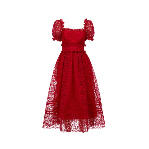 ALICE LACE MIDI DRESS WITH PUFF SLEEVE DETAIL - boopdo