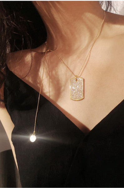 UZL DESIGN CRYSTAL TAG PENDANT NECKLACE IN GOLD PLATE - boopdo