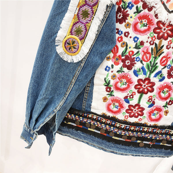 JEYYO CATHRO RETRO ETHNIC FLOWER EMBROIDERED BEADED SEQUIN DENIM JEAN JACKET - boopdo