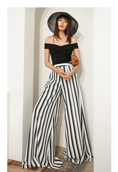 VERRAGE WIDE LEG TROUSERS IN BLACK STRIPE - boopdo