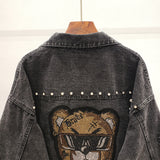 KUZPO DENYA GANGSTER BEAR SEQUIN DENIM JEAN JACKET WITH RHINESTONE - boopdo