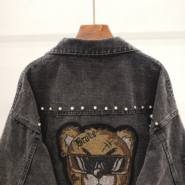 KUZPO DENYA GANGSTER BEAR SEQUIN DENIM JEAN JACKET WITH RHINESTONE - boopdo