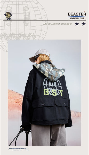 BEASTER OVAVI RETRO DEVIL EMOJI CAMO WINDBREAKER HOODED JACKET - boopdo