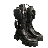 JESSY MARIA BRITISH STYLE CHUNKY PLATFORM LEATHER BOOTS WITH STRAP POCKET IN BLACK - boopdo