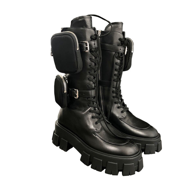 JESSY MARIA BRITISH STYLE CHUNKY PLATFORM LEATHER BOOTS WITH STRAP POCKET IN BLACK - boopdo