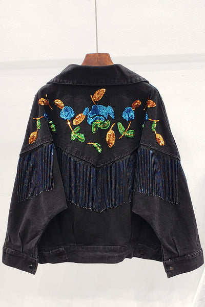 STILOTTA PUFFLO RETRO STYLE DENIM JEAN JACKET WITH TASSEL SEQUIN - boopdo