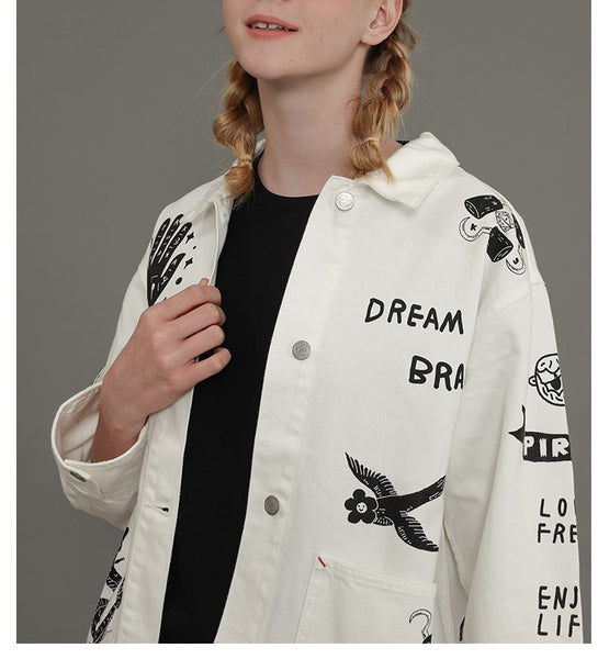 TYAKASHI ALL OVER PRINT DENIM JACKET IN WHITE - boopdo