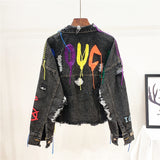 ALEYA NOIR GRAFFITI ARTWORK DENIM JEAN JACKET WITH RIVETS - boopdo