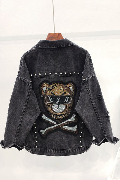 KUZPO DENYA GANGSTER BEAR SEQUIN DENIM JEAN JACKET WITH RHINESTONE - boopdo