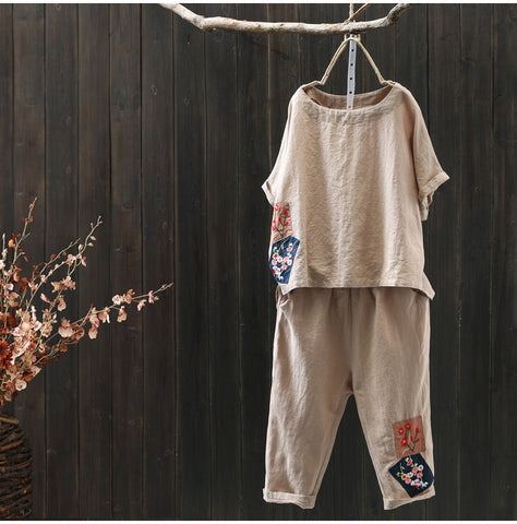 AUTUMN CROPPED TROUSERS AND MATCHING TOP CO ORD WITH FLOWER PATCHES - boopdo