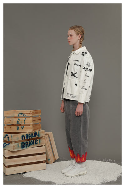 TYAKASHI ALL OVER PRINT DENIM JACKET IN WHITE - boopdo