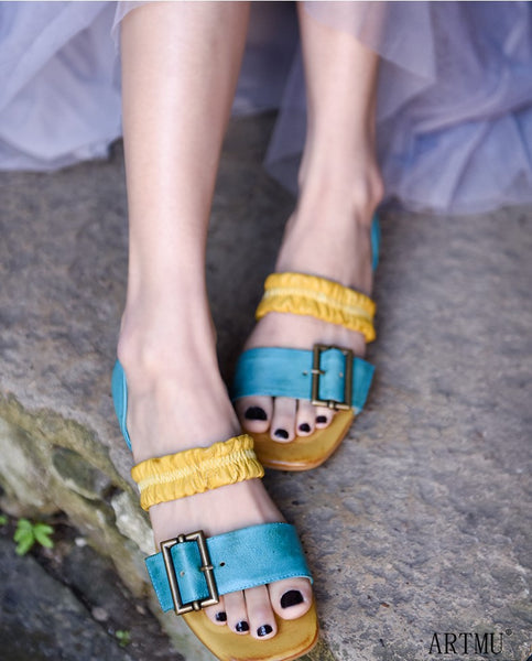 ARTMU COLOR BLOCK BUCKLE DETAIL FLAT SANDALS IN BLUE YELLOW - boopdo