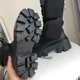 JESSY MARIA BRITISH STYLE CHUNKY PLATFORM LEATHER BOOTS WITH STRAP POCKET IN BLACK - boopdo