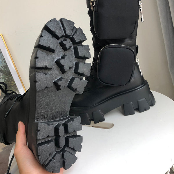 JESSY MARIA BRITISH STYLE CHUNKY PLATFORM LEATHER BOOTS WITH STRAP POCKET IN BLACK - boopdo