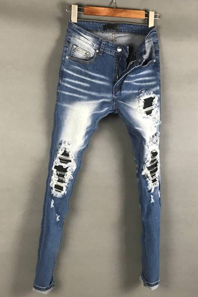 BOOPDO DESIGN RIPPED PATCHWORK WASHED DENIM JEAN PANTS IN ICE BLUE - boopdo