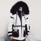 ABOW LIFE QUILTED DETACHABLE FUR COLLAR HOODED UNISEX WHITE BLACK JACKET - boopdo
