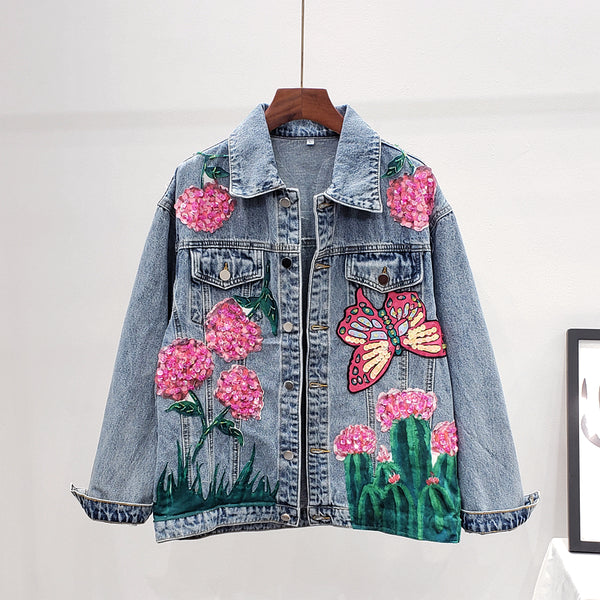 KEAN DENYA GANGO HANDMADE FLOWER BUTTERFLY EMBROIDERED DENIM JEAN COAT - boopdo